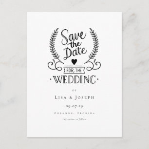 Chic Garland Black and White Script Save the Date Announcement Postcard