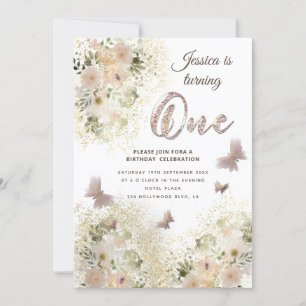 Chic gentle Butterfly floral garden 1st birthday Invitation
