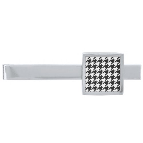 chic geometric black and white houndstooth pattern silver finish tie bar