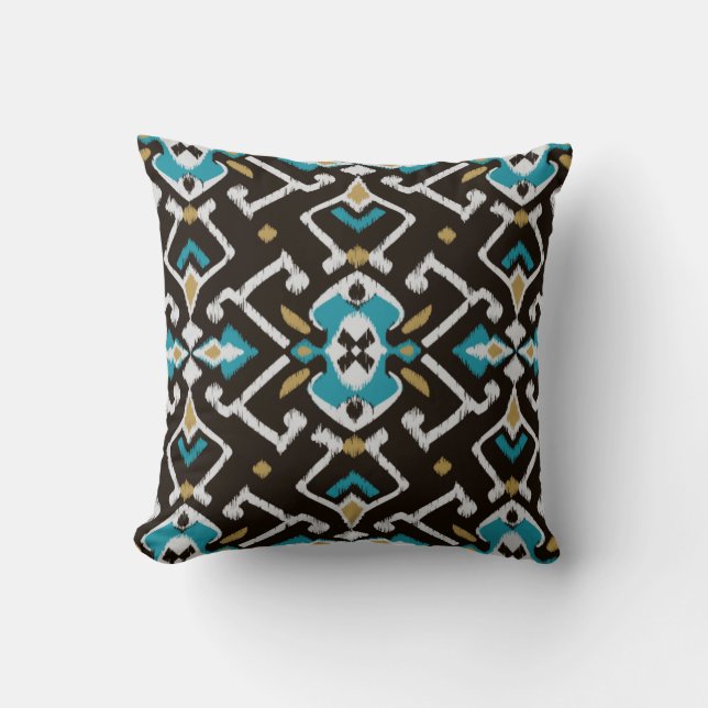 Chic geometric black teal ikat tribal pattern throw pillow (Front)