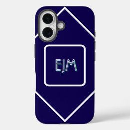 Chic Geometric Blue and White Monogrammed iPhone 16 Case