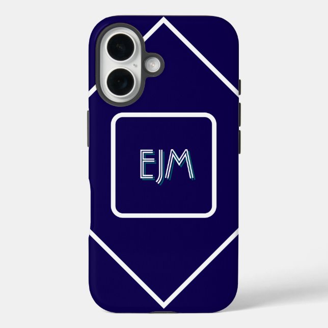 Chic Geometric Blue and White Monogrammed Case-Mate iPhone Case (Back)