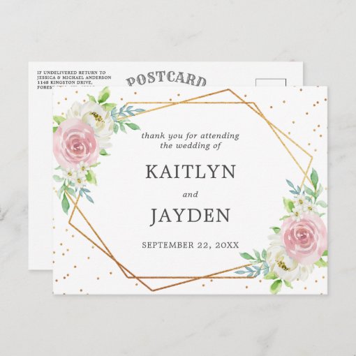 Chic Geometric Gold Foil Floral Wedding Postcard | Zazzle