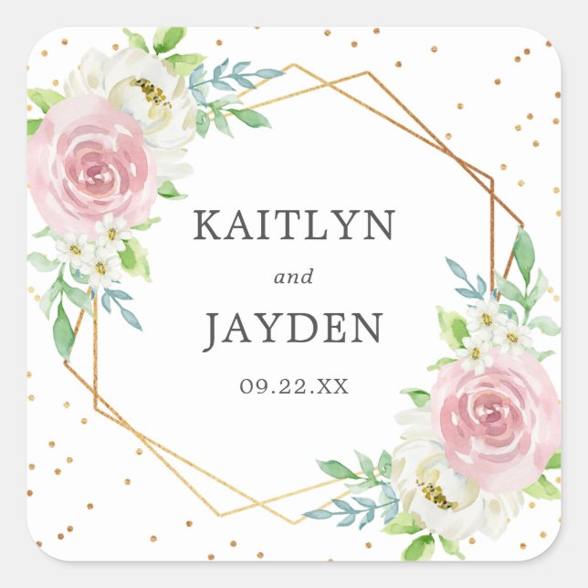 Chic Geometric Gold Foil Floral Wedding Square Sticker (Front)