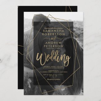 Elegant gold black wedding invitation with typography and photography