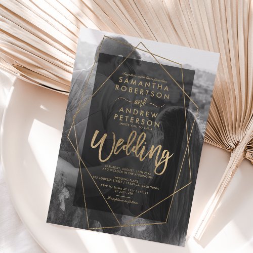 Chic geometric gold typography photo wedding invitation