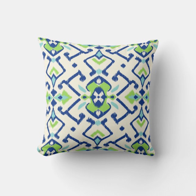 Chic geometric green blue ikat tribal pattern throw pillow (Front)