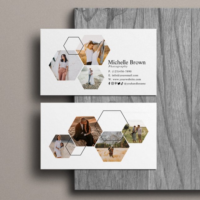 Chic Geometric Hexagon Photo Collage Photographer Business Card (Creator Uploaded)