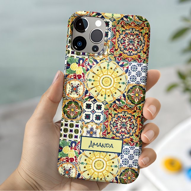 Chic geometric Mediterranean orange tiles monogram Case-Mate iPhone Case (Creator Uploaded)