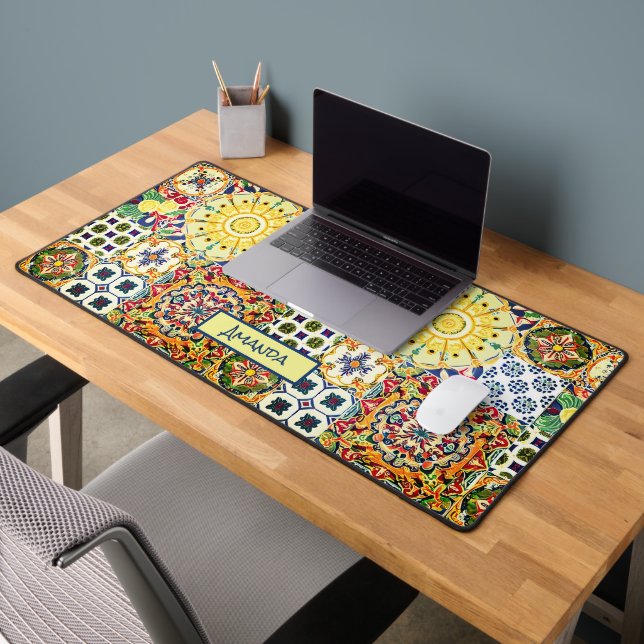 Chic geometric Mediterranean orange tiles monogram Desk Mat (Office 2)