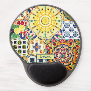 Chic geometric Mediterranean orange tiles monogram Gel Mouse Pad