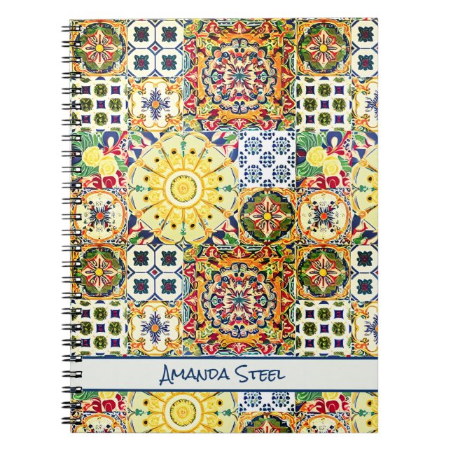 Chic geometric Mediterranean orange tiles monogram Notebook (Front)