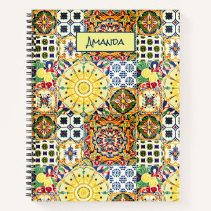 Chic geometric Mediterranean orange tiles monogram Notebook