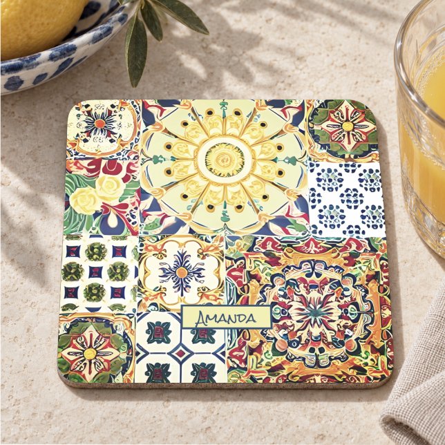 Chic geometric Mediterranean orange tiles monogram Stone Coaster (Creator Uploaded)