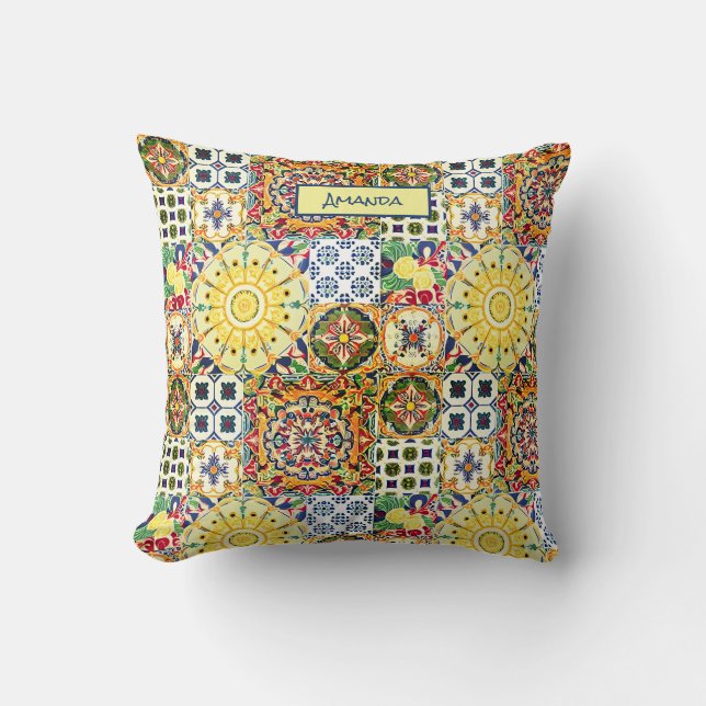 Chic geometric Mediterranean orange tiles monogram Throw Pillow (Front)