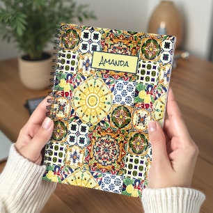 Chic Geometric Orange Mediterranean Tiles Monogram Notebook