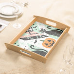 Chic Geometric Pastel Black Cat Pumpkin Halloween Serving Tray
