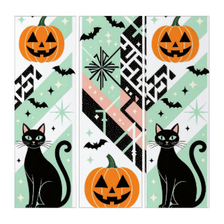 Chic Geometric Pastel Black Cat Pumpkin Halloween Triptych