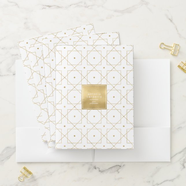 Chic Geometric Pattern Squared Gold/White ID799 Pocket Folder (In Situ)