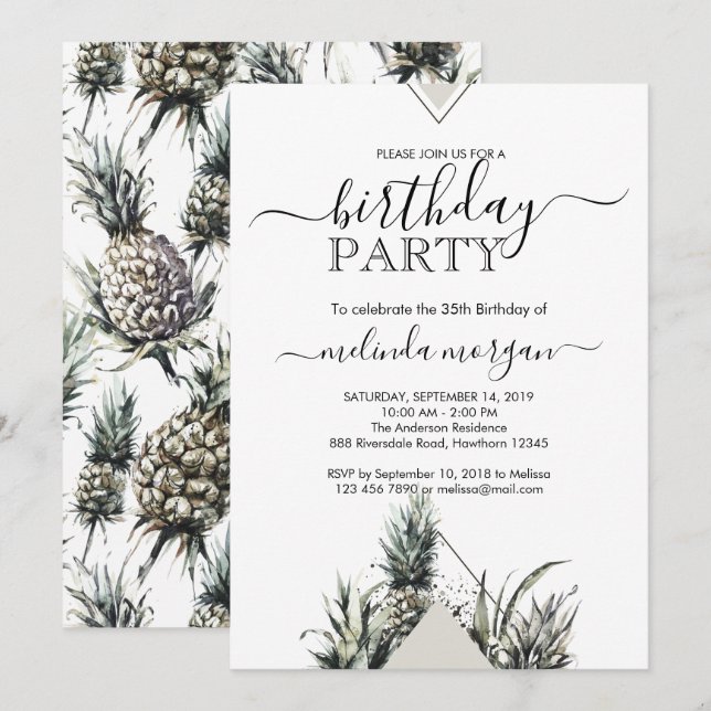 Chic Geometric Pinapple tropical adult birthday Invitation (Front/Back)