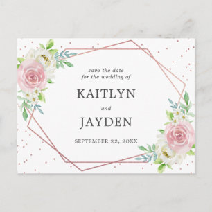 Chic Geometric Rose Gold Foil Floral Save The Date Announcement Postcard