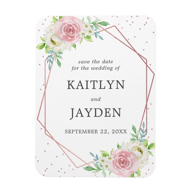 Chic Geometric Rose Gold Foil Floral Save The Date Magnet (Vertical)