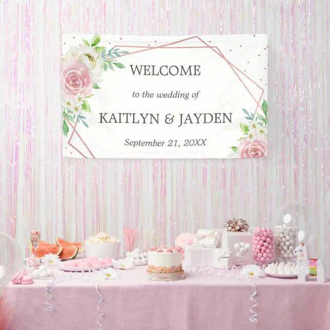 Chic Geometric Rose Gold Foil Floral Wedding Banner | Zazzle