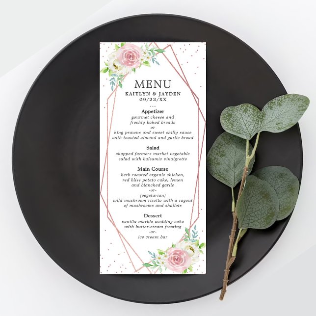 Chic Geometric Rose Gold Foil Floral Wedding Menu (Creator Uploaded)