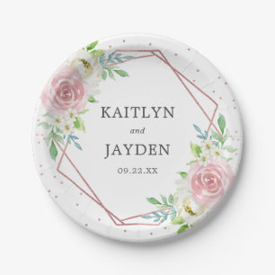 Chic Geometric Rose Gold Foil Floral Wedding Paper Plates