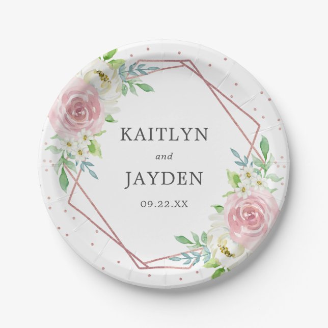 Chic Geometric Rose Gold Foil Floral Wedding Paper Plates (Front)