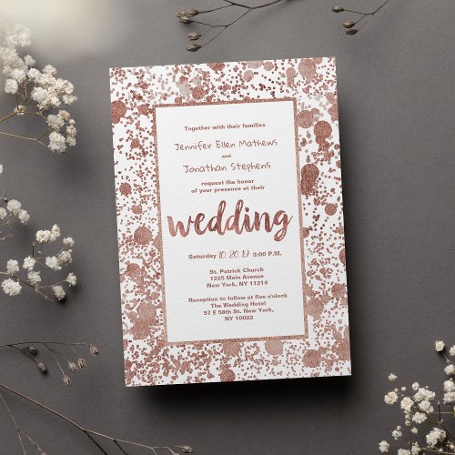 Chic geometric rose gold  glitter confetti Wedding Invitation