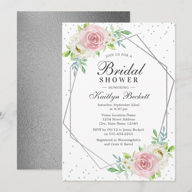 Chic Geometric Silver Foil Floral Bridal Shower Invitation (Front/Back)