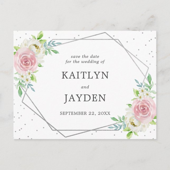 Chic Geometric Silver Foil Floral Save The Date Announcement Postcard (Front)