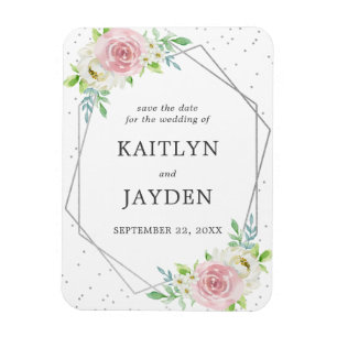 Chic Geometric Silver Foil Floral Save The Date Magnet