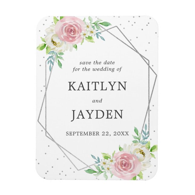 Chic Geometric Silver Foil Floral Save The Date Magnet (Vertical)