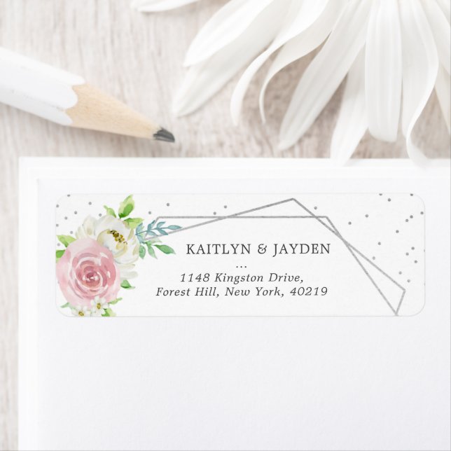 Chic Geometric Silver Foil Floral Wedding Label (Insitu)