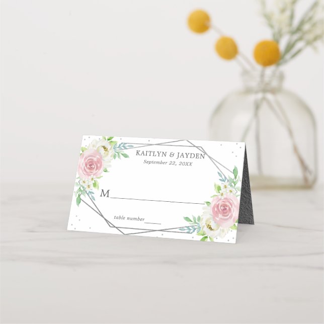 Chic Geometric Silver Foil Floral Wedding Place Card (Front)