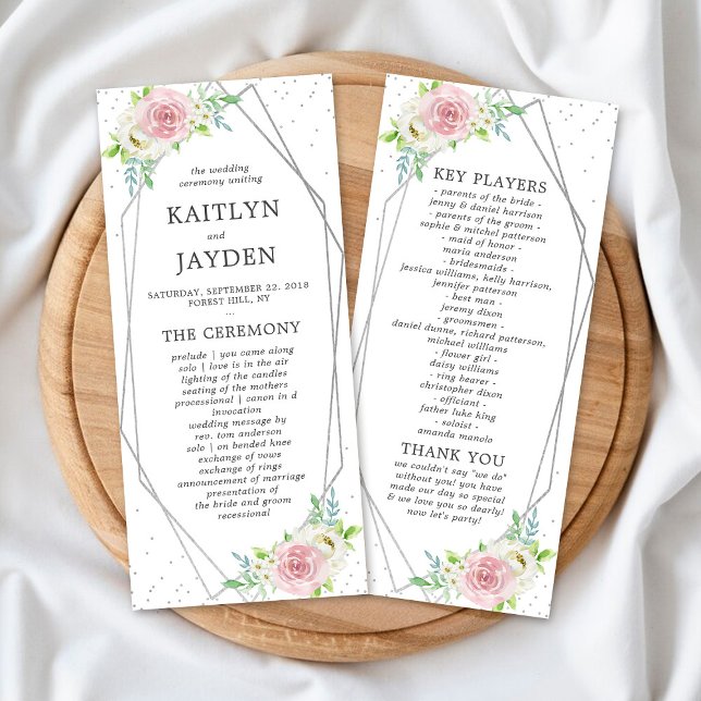 Chic Geometric Silver Foil Floral Wedding Program (Creator Uploaded)