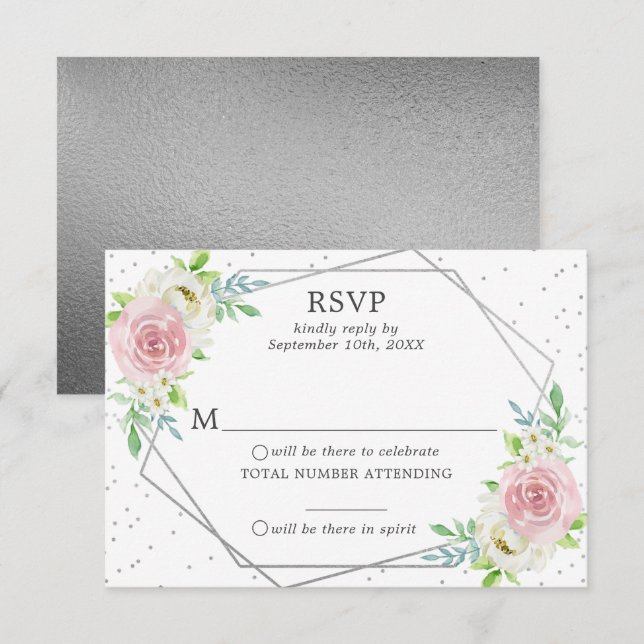 Chic Geometric Silver Foil Floral Wedding RSVP Invitation (Front/Back)