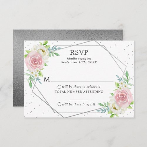 Chic Geometric Silver Foil Floral Wedding RSVP Invitation