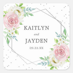 Chic Geometric Silver Foil Floral Wedding Square Sticker