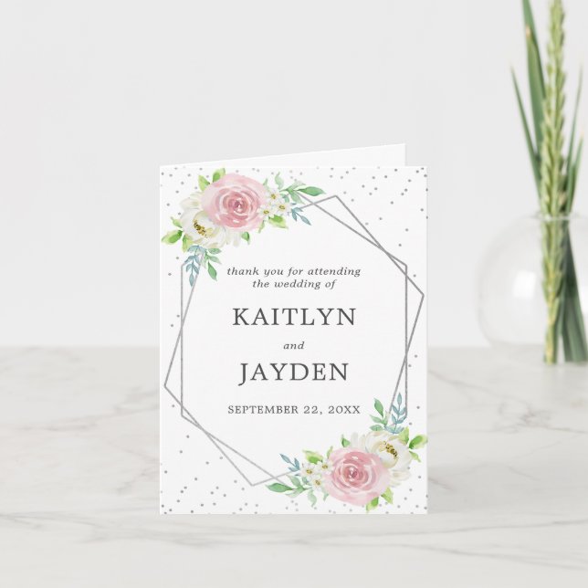 Chic Geometric Silver Foil Floral Wedding Thank You Card (Front)