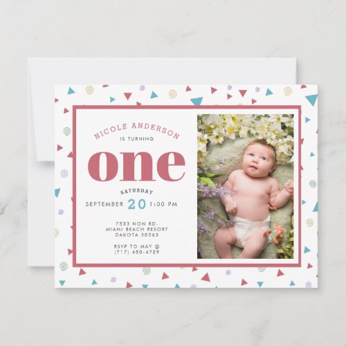 Chic Geometric Triangle and Swirls First Birthday Announcement