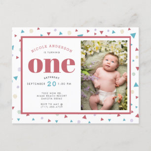 Chic Geometric Triangle and Swirls First Birthday Announcement Postcard