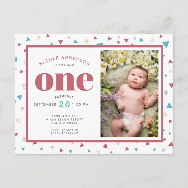 Chic Geometric Triangle and Swirls First Birthday Announcement Postcard (Front)