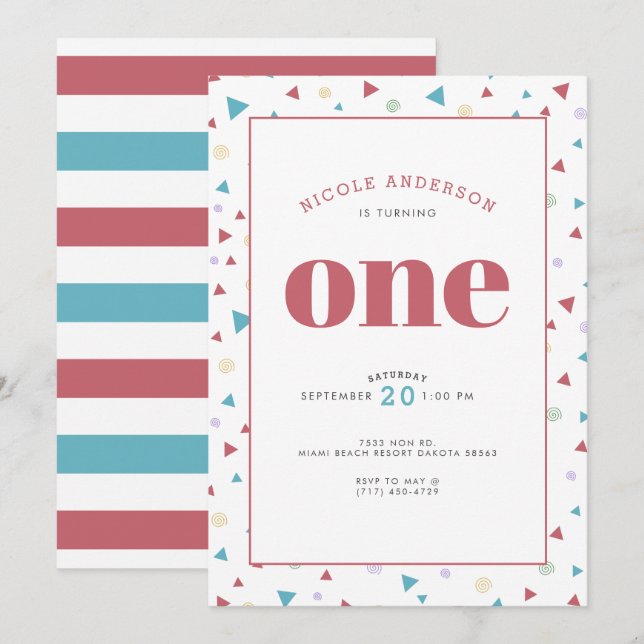 Chic Geometric Triangle and Swirls First Birthday Invitation (Front/Back)