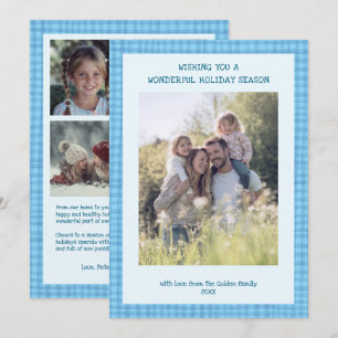Chic Gingham Christmas Blue Custom 5 Photo  Holiday Card