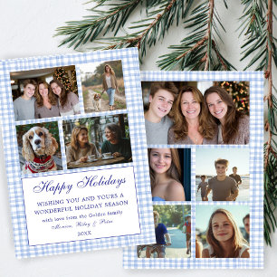 Chic Gingham Christmas Custom 9 Photo Collage Blue Holiday Card