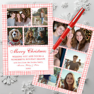 Chic Gingham Christmas Custom 9 Photo Collage red Holiday Card