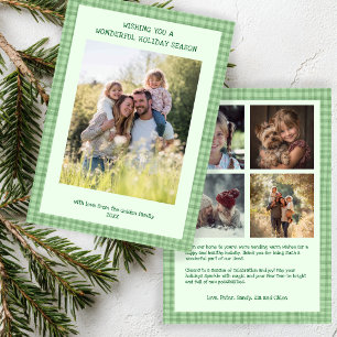 Chic Gingham Christmas Green Custom 5 Photo  Holiday Card